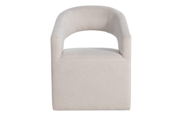 Contemporary Luxe White Panel Back Upholstered Dining Chair with polyester fabric, memory foam, rubberwood solids, and oak veneer accents.