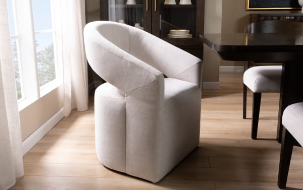 Luxe White Panel Back Upholstered Dining Chair in contemporary style with white polyester fabric, memory foam cushioning, and solid rubberwood frame.