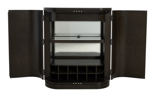 Dark wood bar cabinet with open double doors, featuring glass shelf, mirrored back, and built-in wine rack for 8 bottles.