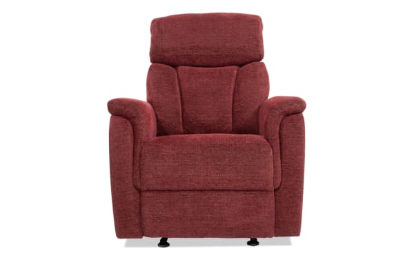 Brady Burgundy Manual Gliding Recliner in red polyester fabric with plush cushioning, transitional style, and memory foam for comfort and relaxation.