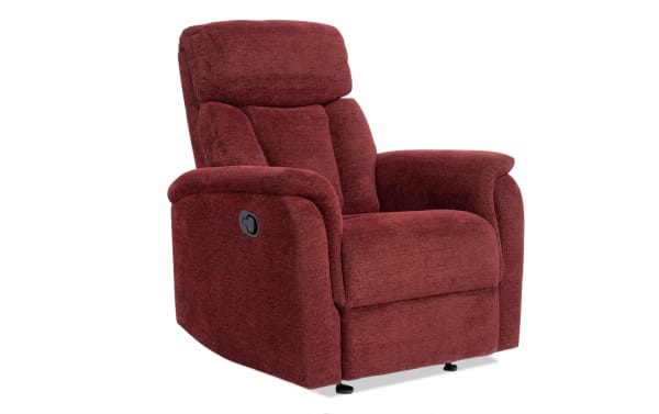 Brady Burgundy Manual Gliding Recliner in soft polyester fabric with plush cushioning, burgundy transitional style, and memory foam padding for comfort.