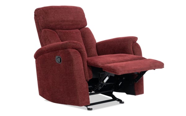 Brady Burgundy Manual Gliding Recliner with soft polyester fabric upholstery, transitional style, plush cushioning, and memory foam for enhanced comfort.