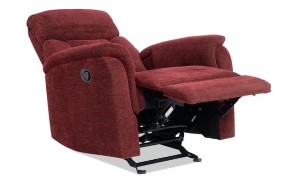 Burgundy Brady Manual Gliding Recliner with soft polyester fabric upholstery, transitional style, and memory foam cushioning for enhanced comfort and relaxation.