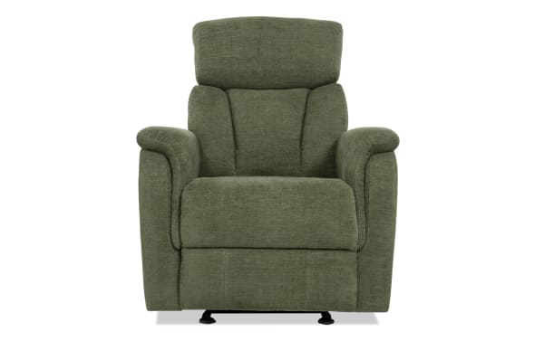 Transitional Brady Avocado Manual Gliding Recliner in green polyester fabric with plush memory foam cushioning and padded armrests for comfort.