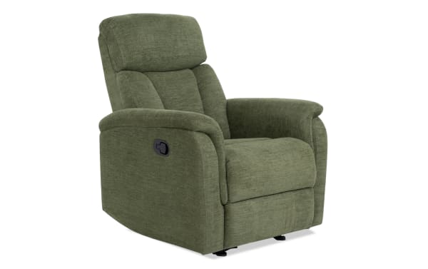 Transitional Brady Avocado Manual Gliding Recliner in green polyester fabric with plush cushioning and memory foam for enhanced comfort and relaxation.