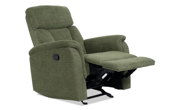 Brady Avocado Manual Gliding Recliner in soft green polyester fabric with plush memory foam cushioning, transitional style, and a manual reclining footrest.