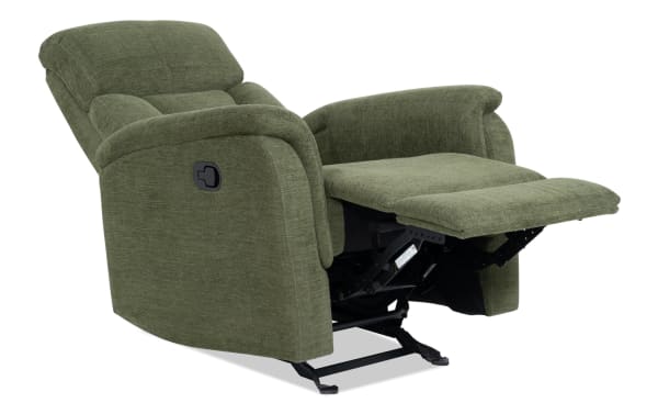 Brady Avocado Manual Gliding Recliner in green polyester fabric with memory foam cushioning, transitional style, padded arms, and manual reclining lever.