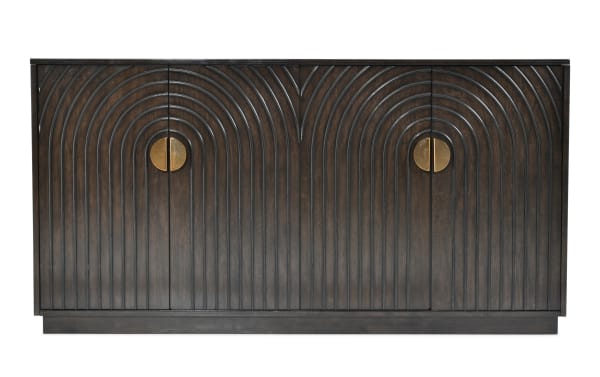 Oasis Espresso 4 Door Cabinet in dark mango wood with transitional style, featuring carved arch patterns and brass round handles, crafted from mango wood, plywood, MDF, and rubberwood.