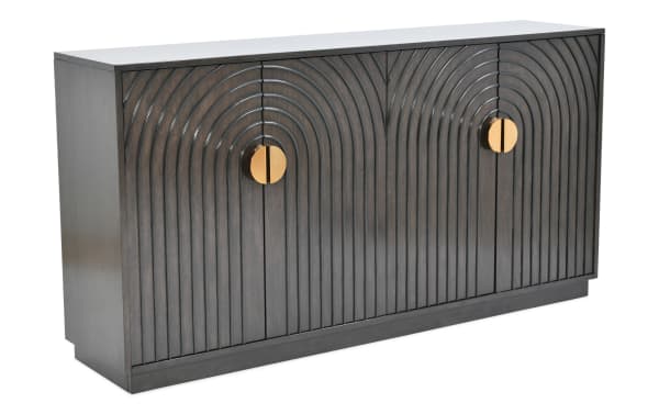 Oasis Espresso 4 Door Cabinet in transitional style, crafted from dark mango wood with curved vertical grooves and gold circular handles, offering adjustable shelving.