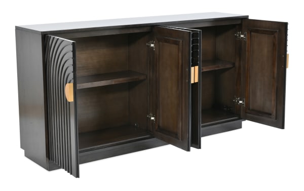 Oasis Espresso 4 Door Cabinet in dark mango wood with transitional style, featuring adjustable shelves and sculpted door panels for stylish storage.
