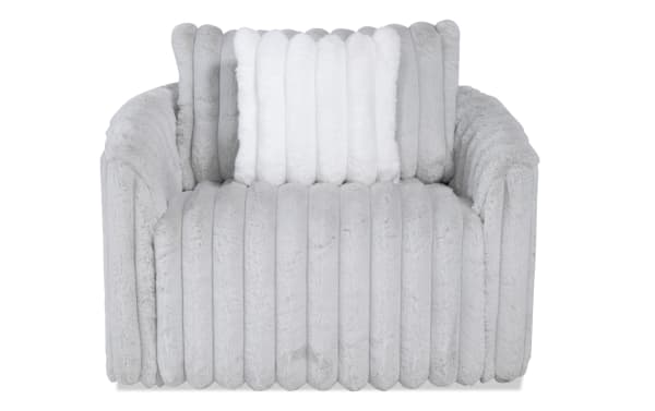 Gray Sofia Gray Upholstered Swivel Kids Chair in glam style with plush channeled faux fur upholstery and matching accent pillow for cozy seating.