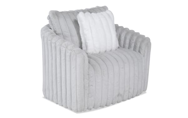 Gray Sofia Gray Upholstered Swivel Kids Chair in glam style with channeled faux fur upholstery and matching accent pillow for cozy seating.