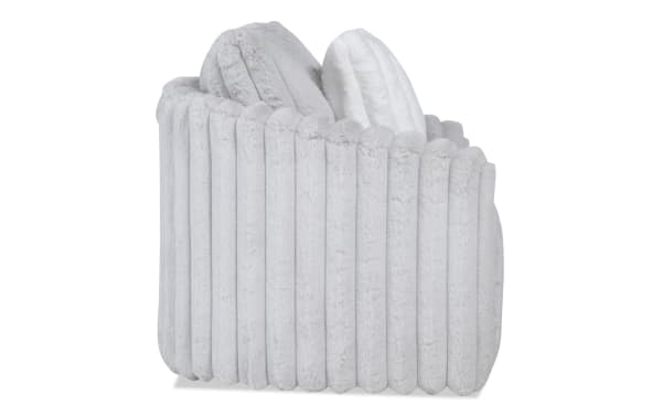 Sofia Gray Upholstered Swivel Kids Chair in gray glam style with soft channeled faux fur upholstery and matching accent pillow for cozy seating.