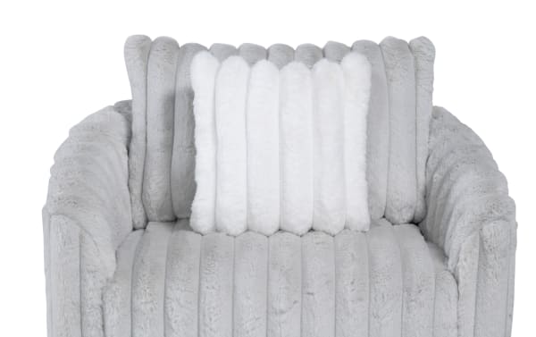 Gray Sofia Gray Upholstered Swivel Kids Chair with glam style, plush channeled faux fur upholstery, and matching white accent pillow for comfort