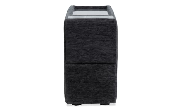 Contemporary Modular Bob® Charcoal Console in gray polyester fabric, featuring a compact side view with hidden storage and USB/USB-C ports.