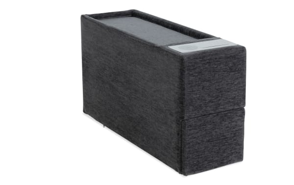 Charcoal gray Modular Bob® contemporary console in polyester fabric with hidden storage drawer, tabletop surface, and built-in USB & USB-C ports.