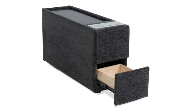 Modular Bob® Charcoal Console with USB & USB-C ports, contemporary gray polyester fabric, featuring a hidden wooden storage drawer and flat tabletop surface.