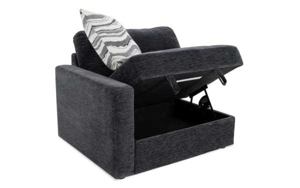Modular Bob® Charcoal left arm facing storage chair with charcoal gray polyester fabric, contemporary style, featuring lift-up seat storage and plush memory foam cushions.