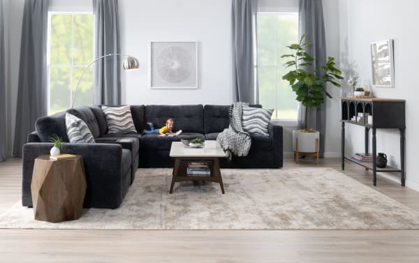 Contemporary Modular Bob® Charcoal right arm facing storage chair in soft gray polyester fabric with plush cushions and built-in seat storage.
