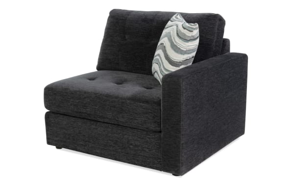 Charcoal gray Modular Bob® right arm facing storage chair with tufted cushions, soft polyester fabric, and contemporary design for versatile seating.