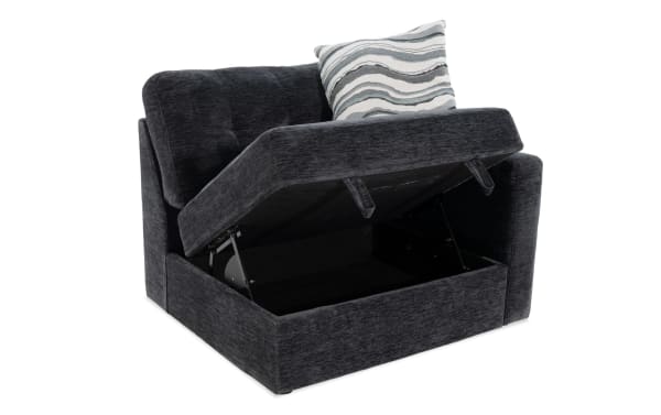 Charcoal Modular Bob® right arm facing storage chair in contemporary style with soft polyester fabric upholstery and memory foam cushion.