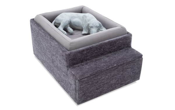 Modular Bob® Charcoal Pet Bed Console in gray polyester fabric, contemporary style with cushioned pet bed and integrated step for easy pet access.