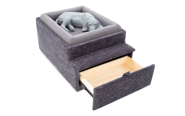 Modular Bob® Charcoal Pet Bed Console in contemporary style, gray polyester fabric with built-in storage drawer and cushioned pet bed.