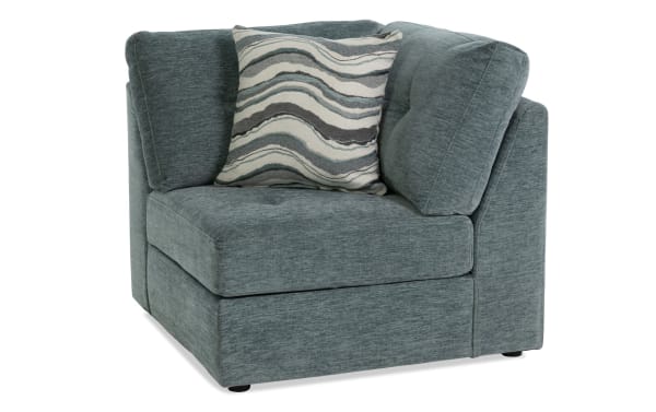 Contemporary Modular Bob® Spa Blue Corner chair in light blue polyester fabric with plush memory foam cushions and a patterned accent pillow.