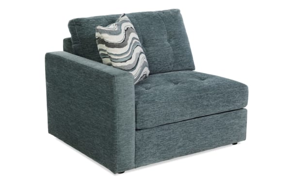 Modular Bob® Spa Blue left arm facing storage chair in light blue polyester fabric with tufted cushions, memory foam padding, and contemporary style.