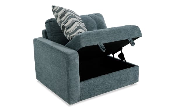 Modular Bob® Spa Blue left arm facing storage chair in light blue polyester fabric with memory foam cushions, contemporary style and hidden seat storage.