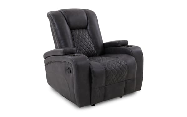 Cassidy Gray Manual Recliner in gray polyester fabric with faux leather upholstery, transitional style, plush seating, cup holders, and manual recline.
