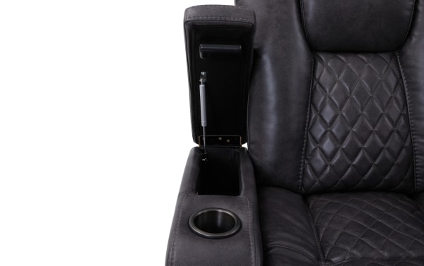 Cassidy Gray Manual Recliner armrest with gray polyester fabric, transitional style, featuring a built-in cup holder and storage compartment for added convenience.