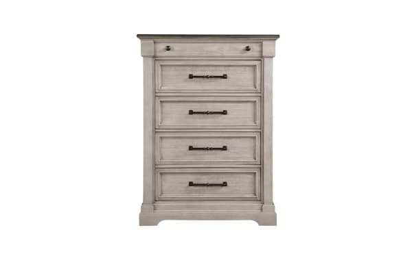 Laurel Gray & Light Gray 5 Drawer Chest from Laurel Bedroom collection, farmhouse style with MDF, oak, acacia veneers, metal hardware, and cedar-lined drawers.