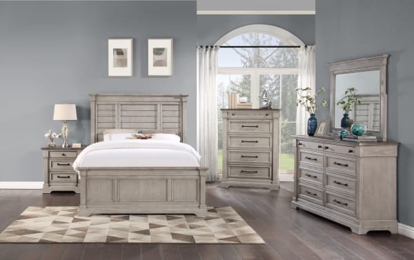 Laurel Bedroom farmhouse 5-drawer chest in gray MDF, oak, and acacia veneers with metal hardware, cedar-lined drawers, and felt-lined top drawer.