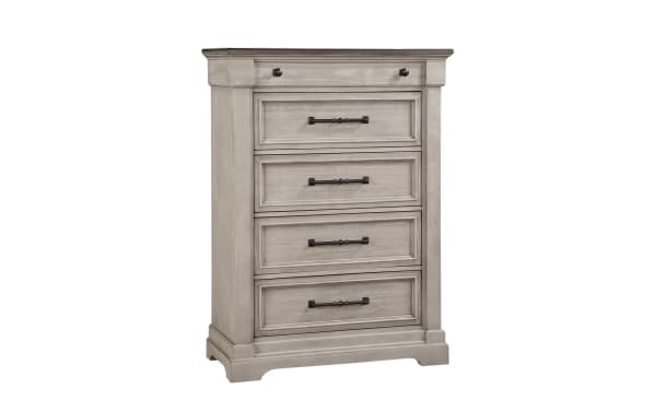 Laurel Gray & Light Gray 5 Drawer Chest in farmhouse style with MDF, oak, and acacia veneers, featuring cedar-lined drawers and metal handles.