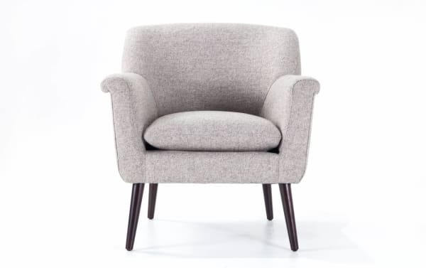 Reece Ash Gray Accent Chair with mid-century modern design, flared dark wood legs, and ash gray polyester fabric upholstery.