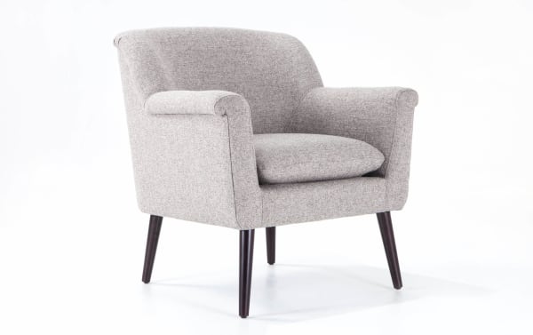 Mid-century modern Reece Ash Gray Accent Chair with ash gray polyester fabric upholstery, flared dark wood legs, and memory foam seat cushion.