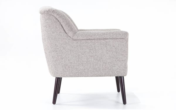 Reece Ash Gray Accent Chair with mid-century modern design, ash gray polyester fabric upholstery, and flared dark wood legs.