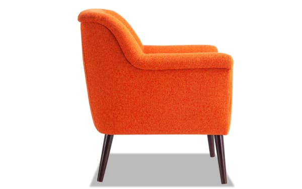 Reece Orange Accent Chair in vibrant orange polyester fabric with mid-century modern style, flared wood legs, and plush Bob-O-Pedic memory foam seating.