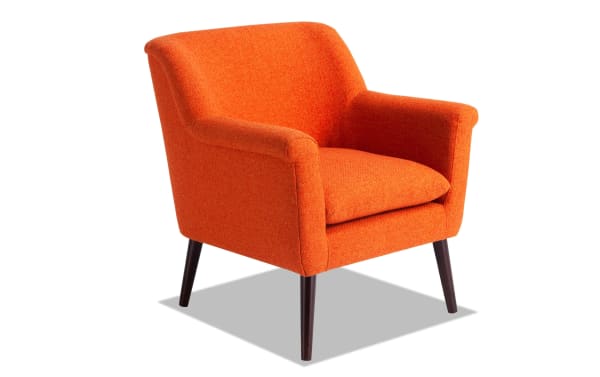 Reece Orange Accent Chair in vibrant orange polyester fabric with mid-century modern flared wood legs and memory foam seating for living room or bedroom.