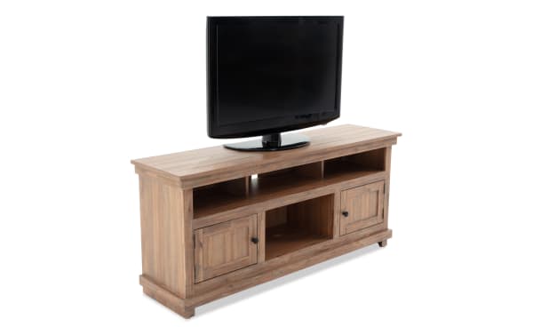 Kona II 60'' brown rustic MDF TV stand from Kona Entertainment & Occasional collection with two cabinets, open shelves, and cord management slots.