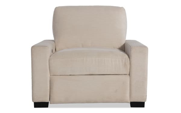 Beige Aspen Power Recliner in plush polyester fabric with transitional style, cushioned seat, wide arms, and built-in USB & USB-C ports for enhanced comfort.