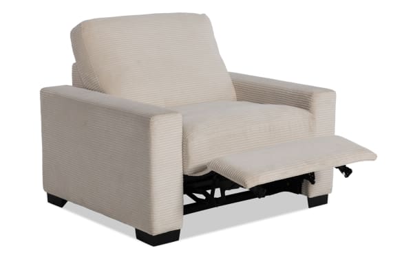 Beige Aspen Power Recliner in transitional style with soft polyester fabric, memory foam cushioning, and extended footrest in reclined position.