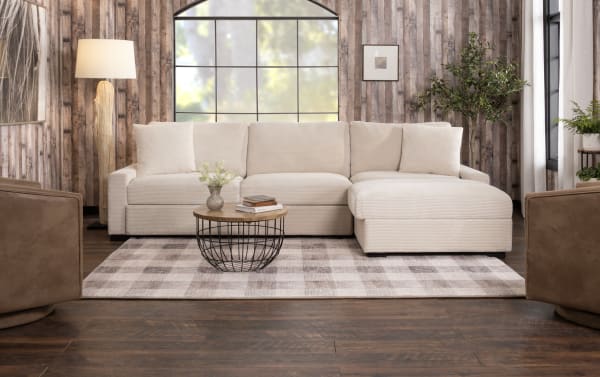 Beige Aspen Power Reclining Chaise with plush polyester fabric, transitional style, USB & USB-C ports, and cushy Bob-O-Pedic Memory Foam upholstery.