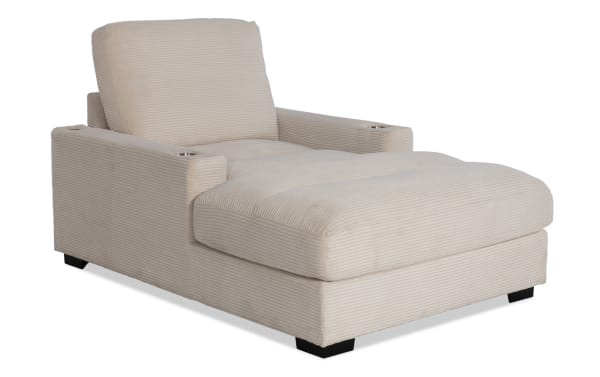 Beige Aspen Power Reclining Chaise in transitional style with plush polyester fabric, memory foam cushioning, and built-in USB/USB-C ports for comfort and convenience.