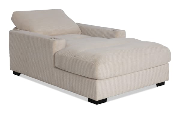 Beige Aspen Power Reclining Chaise with plush polyester fabric, transitional style, USB & USB-C ports, and cushy Bob-O-Pedic memory foam upholstery.