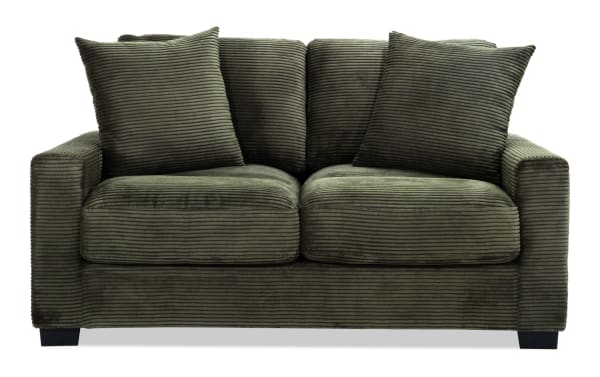 Aspen Forest 61'' loveseat in green polyester fabric with plush ribbed upholstery, transitional style, memory foam cushions, and included accent pillows.