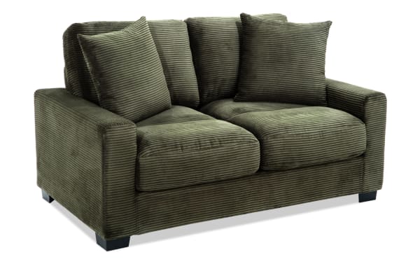 Aspen Forest 61'' green loveseat with plush polyester fabric upholstery, transitional style, memory foam cushions, and included accent pillows.