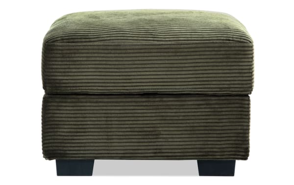 Aspen Forest Storage Ottoman in green polyester fabric with plush ribbed upholstery, transitional style, and durable plywood frame for versatile seating and storage.