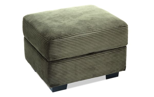 Aspen Forest Storage Ottoman in green polyester fabric, transitional style with plush corduroy texture, part of the Aspen collection, featuring cushioned top and sturdy plywood frame.